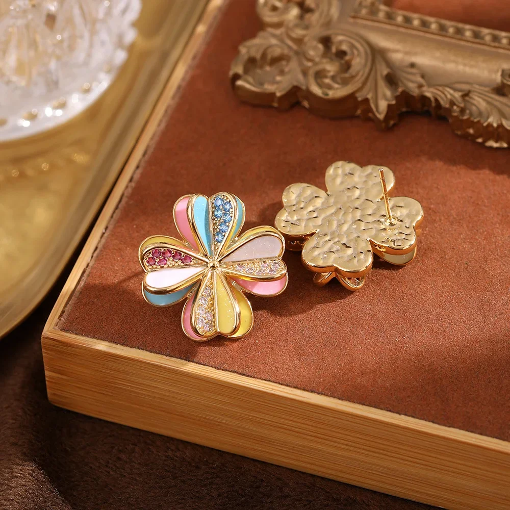 

Light luxury fashion colorful flower four-leaf clover earrings for women
