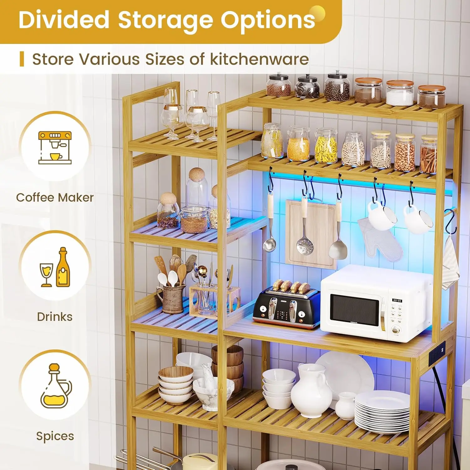 Baker rack with power outlet, 10 level kitchen rack with 8 hooks, microwave Kitchen Freestanding utility storage