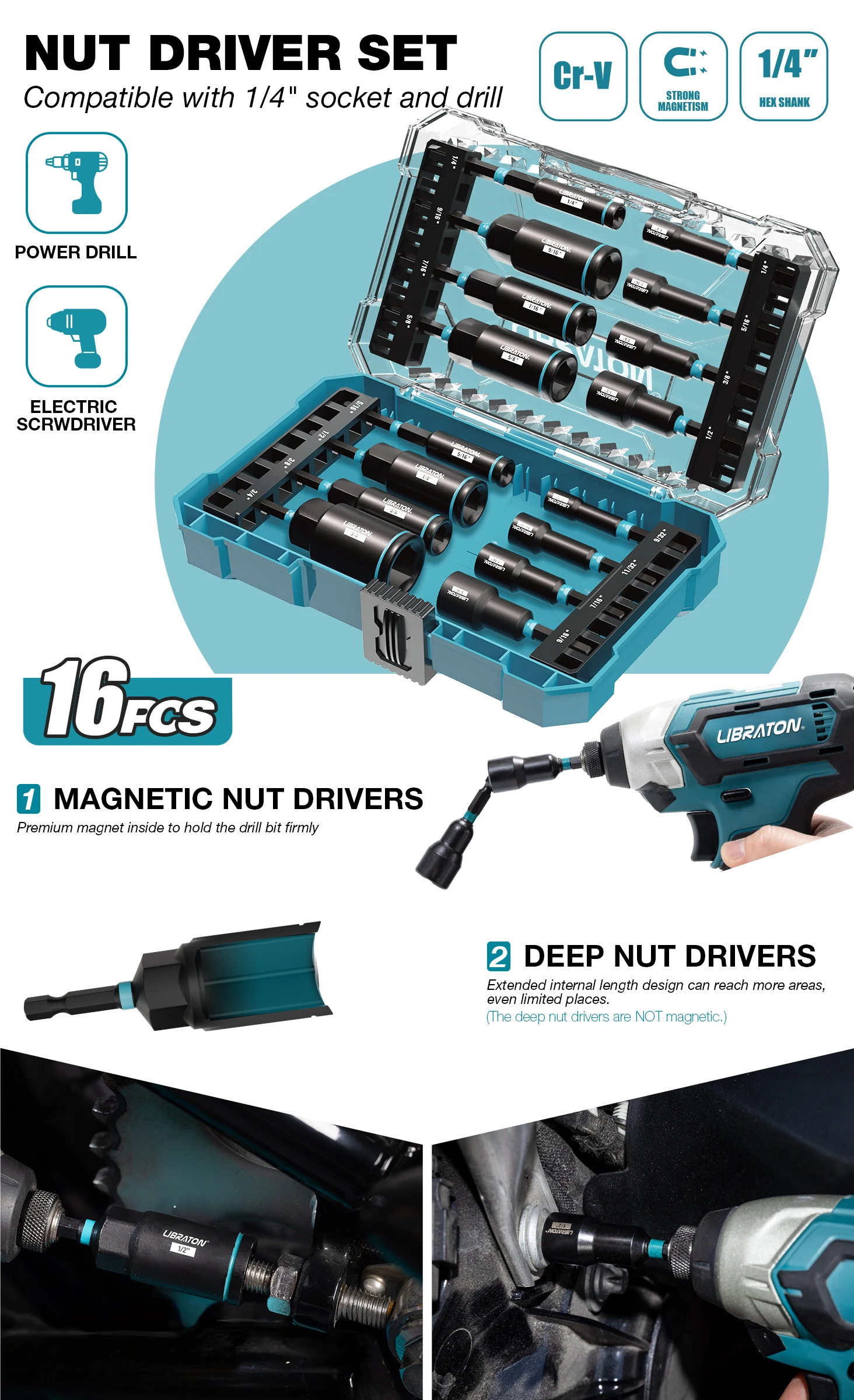 16xMagnetischer Mutternschraubersatz SAE Mutternschrauber für Schlagbohrmaschine Deep Nut Driver Set Schlagschrauber-Bit-Set mit Werkzeugkasten für die Autoreparatur – Detail 1