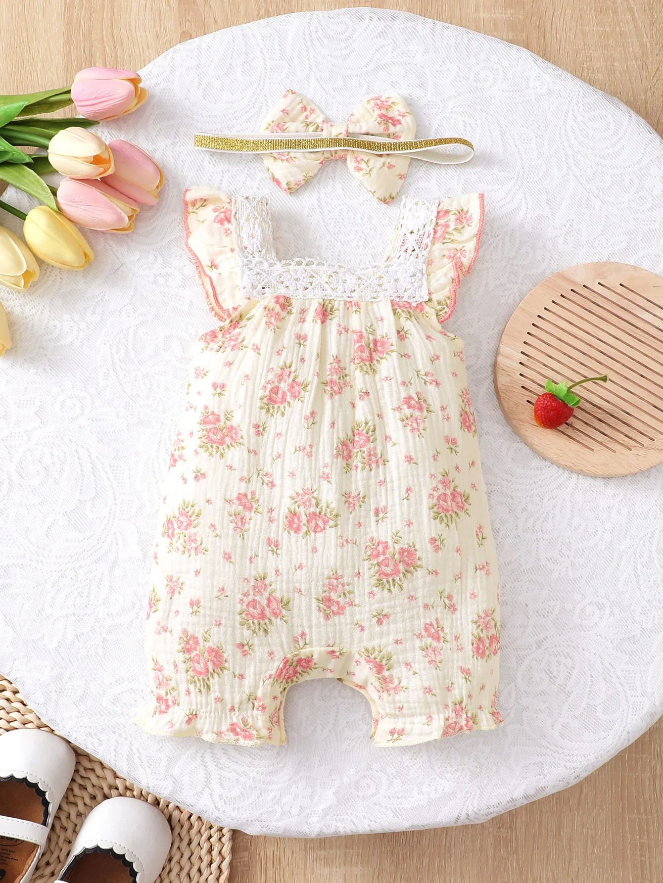 Foreign Style Square Collar Flying Sleeve Cute Sweet Baby Girl Child Onesie Summer Flower Print Breasted Ha Dress Bow Headband 2