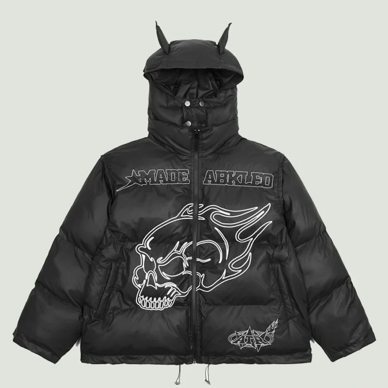 

Winter Streetwear Hooded Parkas Mens Harajuku Letter Skulls Embroidery Coats Hip Hop Oversized Thick Warm Puffer Jackets Couples