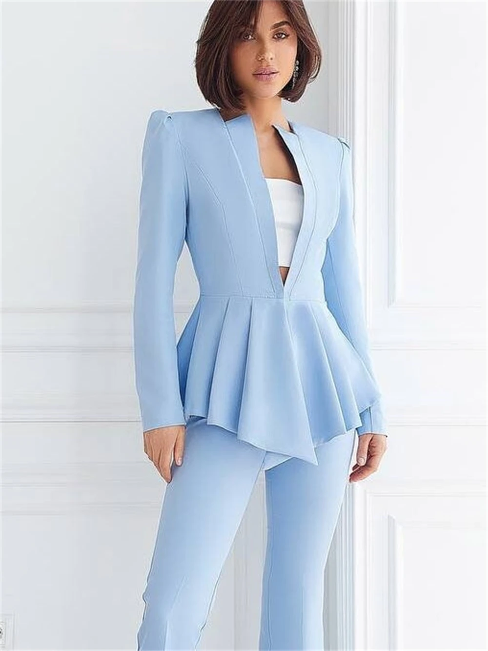 

Celestial Wedding Suit Peplum Blazer With High Waisted Straight Pants Formal Wear Womens Prom Pantsuit 2 Piece Suit Set