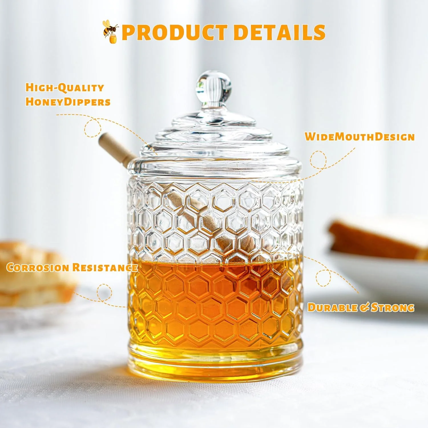 Clear Crystal Honey Pot Dipper and Lid Glass Honey Jar Dispenser Glass and Syrup Container Home Kitchen