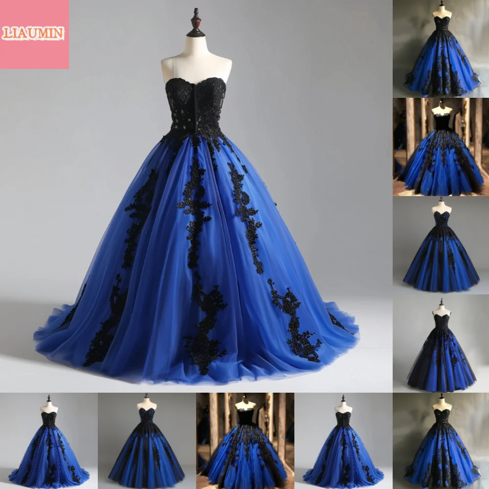 

Blue and Black Lace Applique Strapless Ball Gown Floor Length Evening Formal Occasion Party Prom Dress Custom Size Color W11-9