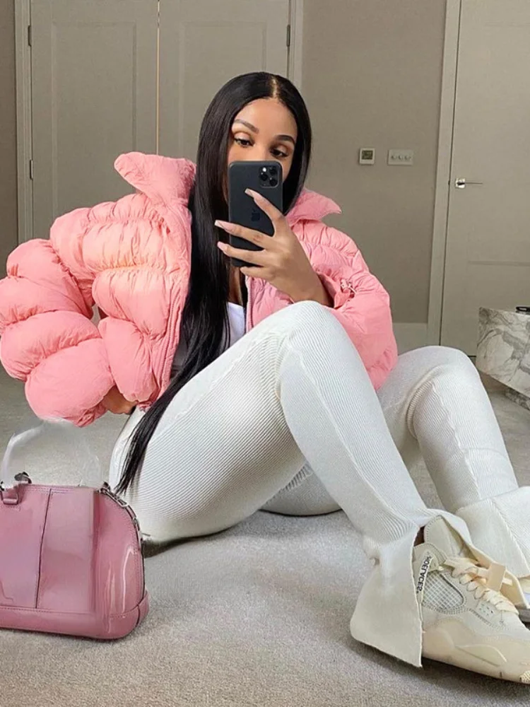 Winter Fashion Stand Collar Zipper Pink Puff Parkas for Women 2022 Casual Warm Cotton Padded Coat Ladies Sweet Jackets Outerwear