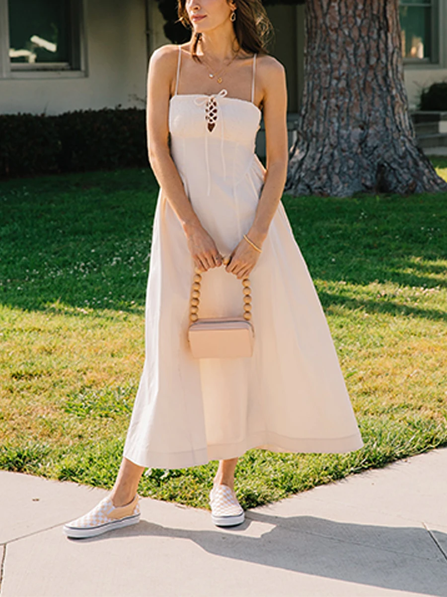 

Casual Spaghetti Strap Dress Women Solid Color Sleeveless Tie Up Midi Dress Summer Y2K Sexy Party Beach Slip Sundress Streetwear