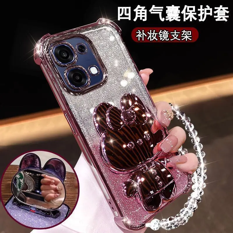 Rabbit Makeup Mirror Holder Gradient Glitter Strap Back Cover