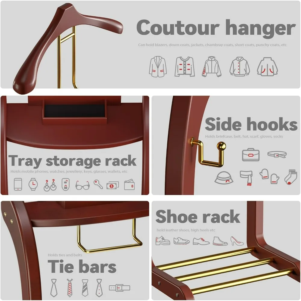 Men's Wooden Valet Stand with Contoured Hanger, Base, Tray, Trouser Rack, and Tie Holder