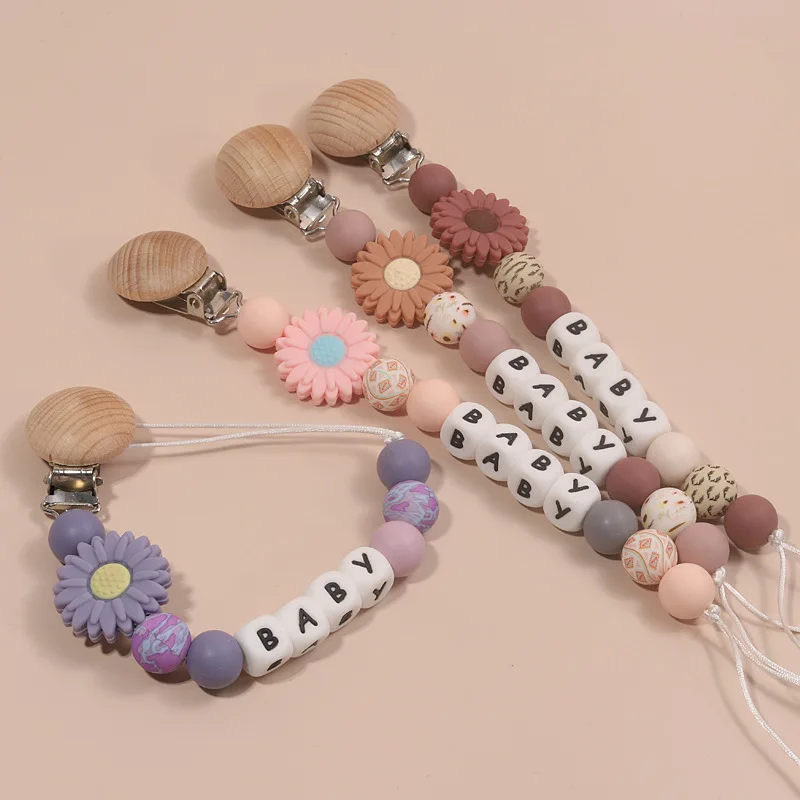 Baby Custom Personalized Name Pacifier Clips Infant  Feeding Nipple Dummy Holder Chains Silicone Flower Teething Toys Chew Gifts