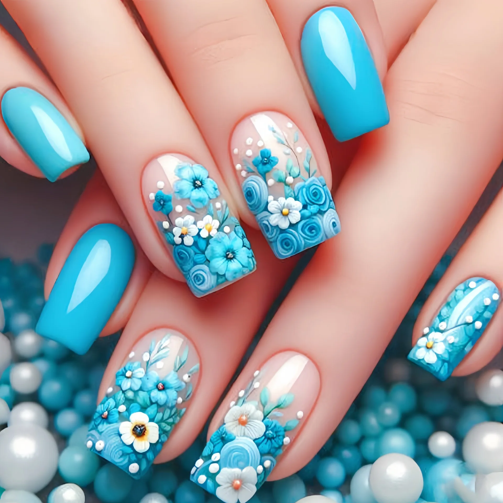 Ladder-Shaped Floral Ombre French Press-On Nails with Glue Strips - 24 Piece Set