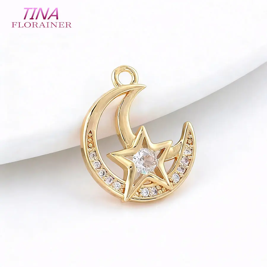 14*17MM 14K Gold Color Brass with Zircon Moon Star Charms Pendants Necklace Earrings Jewelry Making Supplies Accessories