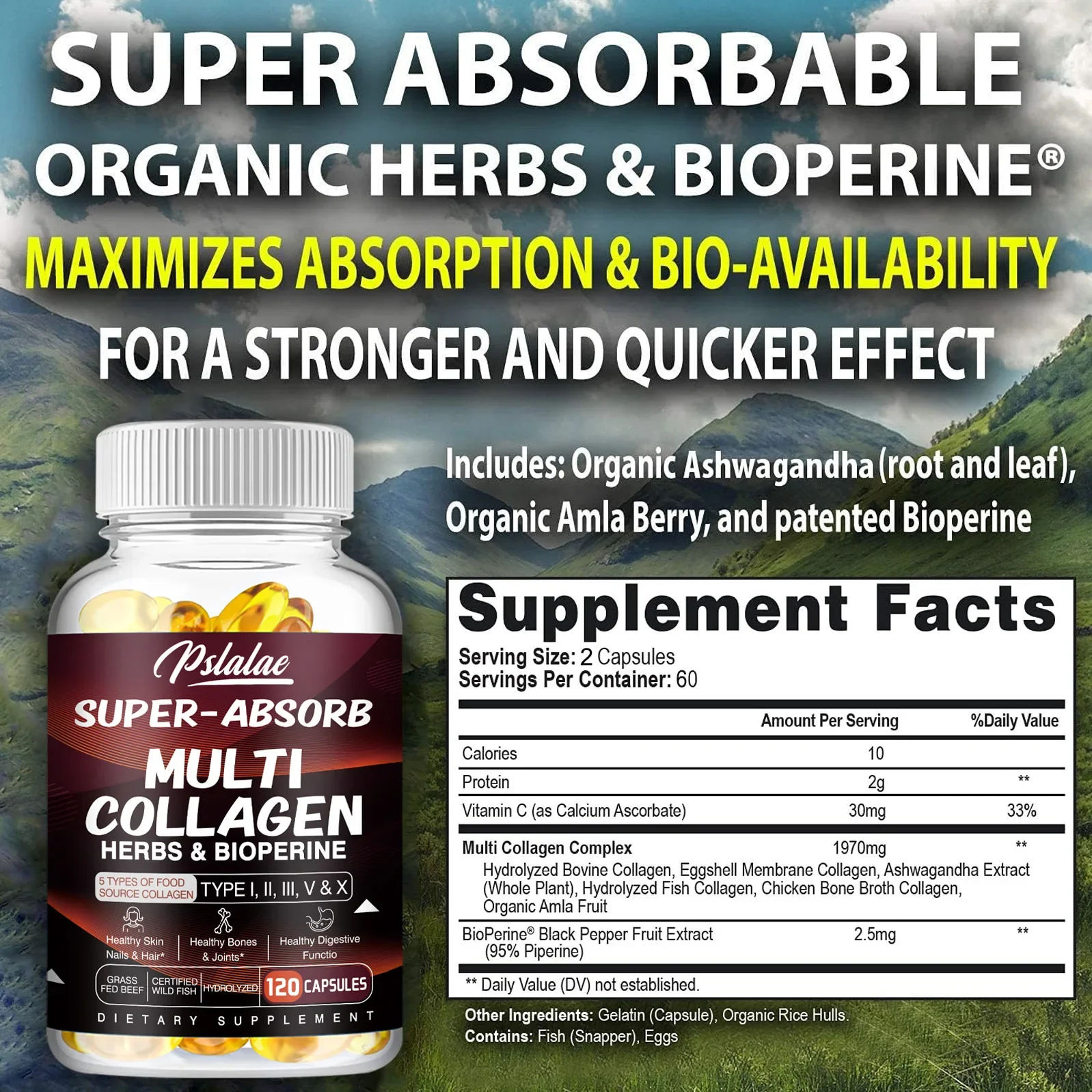 Multi Collagen Pills Type I II III V X Organic Herbs and Piperine Collagen Capsules collagen supplements