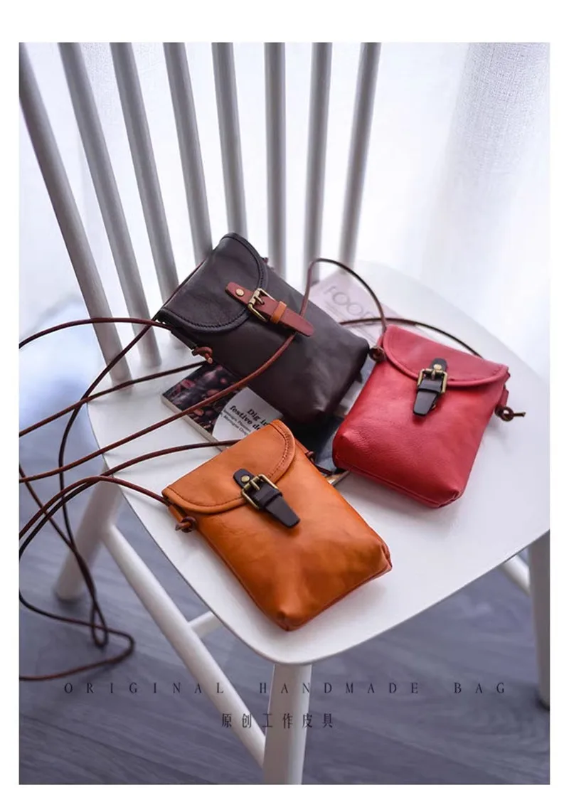 PNDME Vintage täglich echtes Leder Damen kleine Handytasche Mode hochwertige erste Schicht Rindsleder Damen Umhängetasche – Detail 2