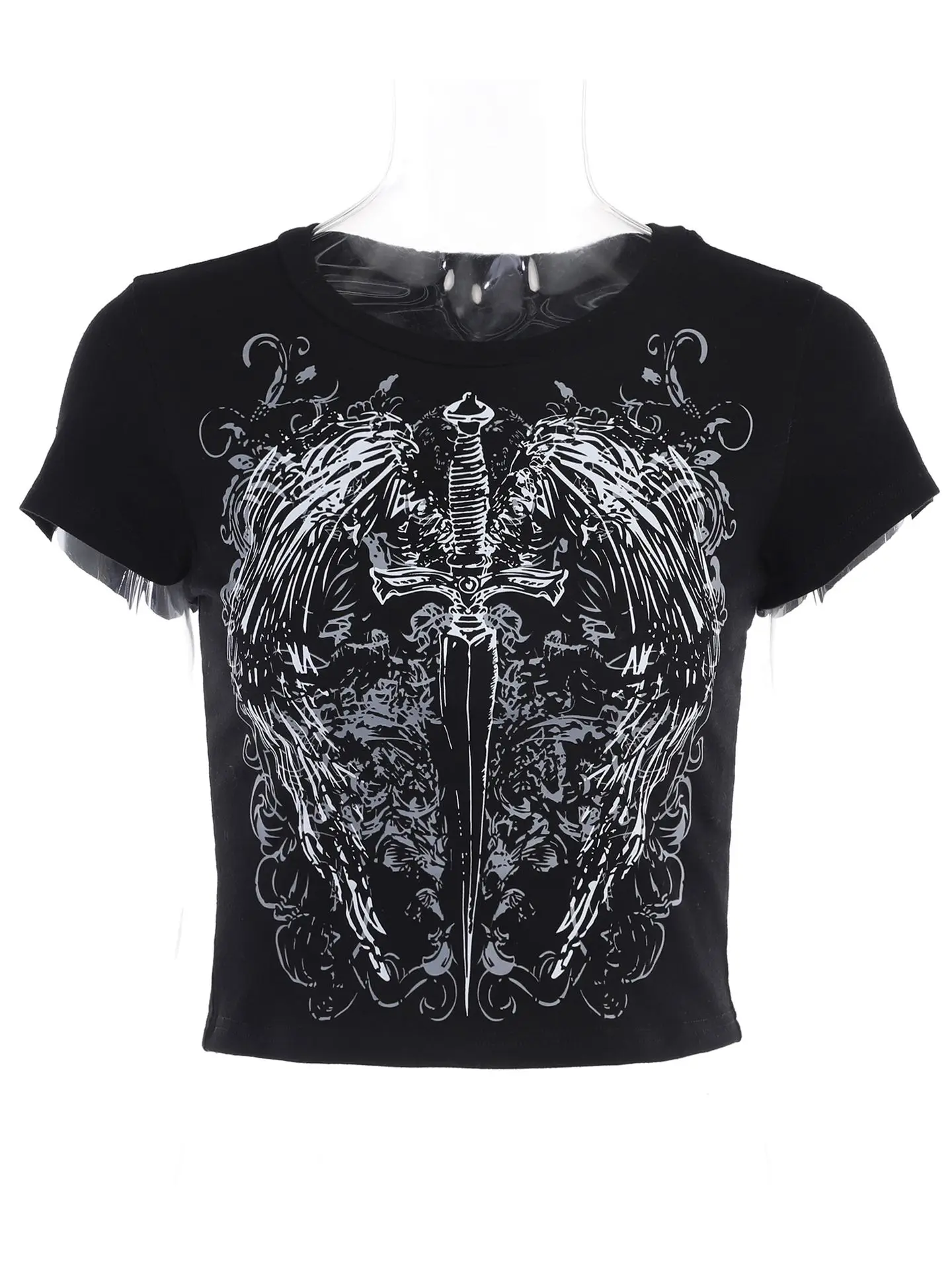 

Short Sleeve Top Women Slim Tshirt Cropped Tees Black T-shirts Tops Vintage Cross Printed Punk y2k Streetwear Clothing