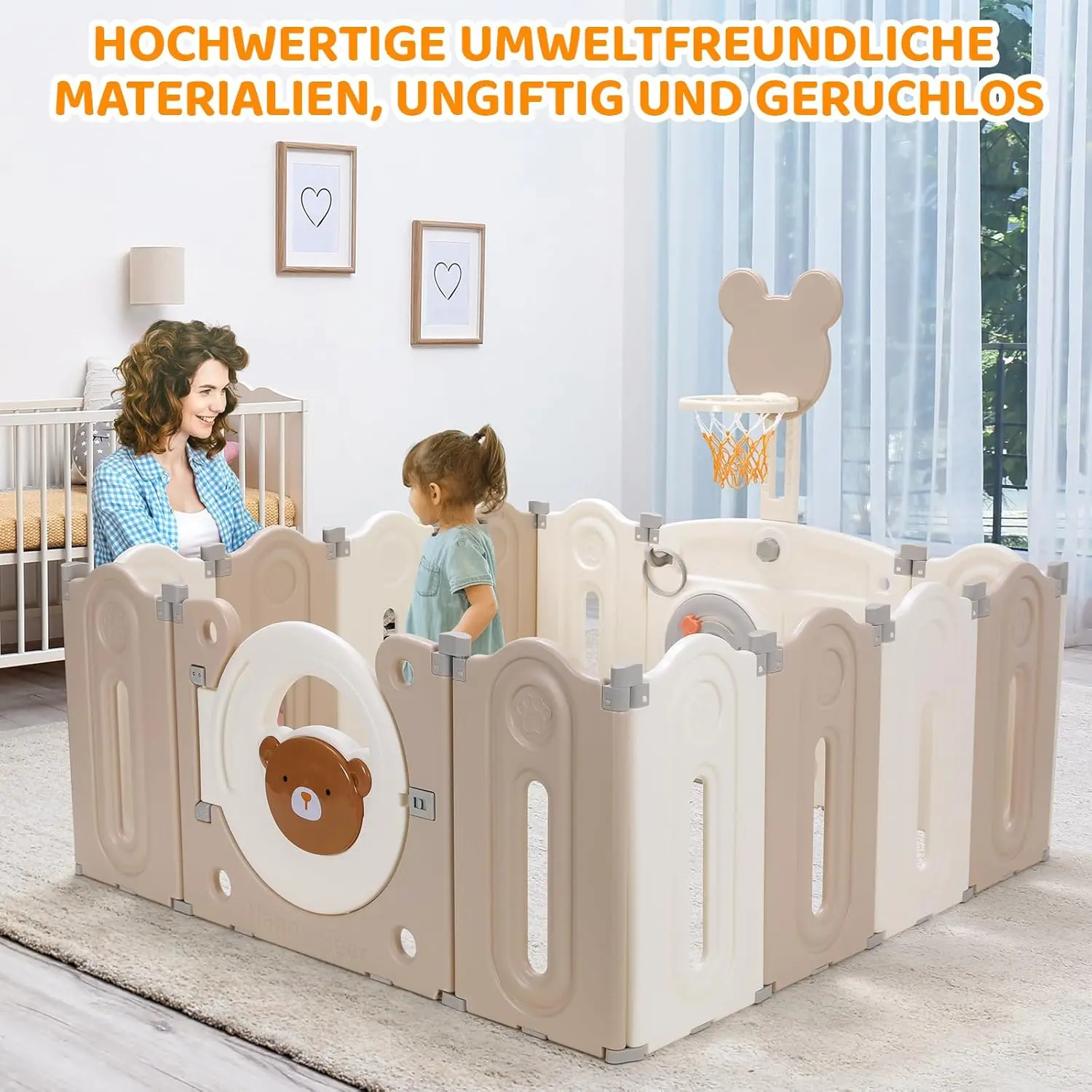 Foldable Baby Playpen 14-Panel Baby Fence Kids Activity Center Safety Play Yard with Basketball Hoop and Toy Board