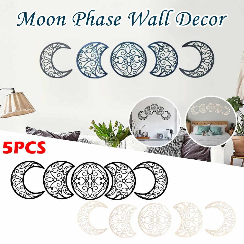 

5pcs Creative 3D Moon Phase Decorative Wall Stickers Scandinavian Style Solid Wood Wall Stickers Indoor Wall Decoration Crafts
