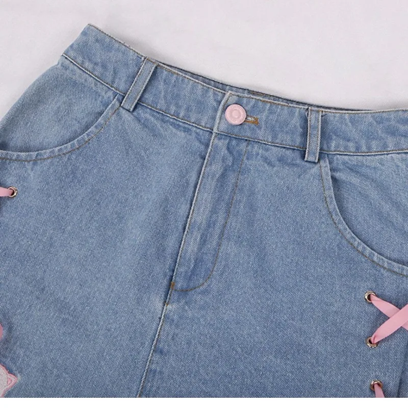 Women Summer New Sweet High Waist Button Zipper Pocket Bow Bandage Cartoon Printed Loose Versatile Tassel Wide Leg Denim Shorts