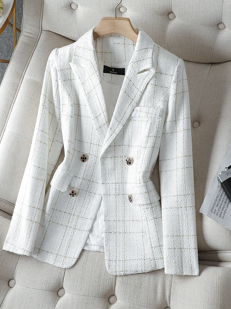 Black White Plaid Ladies Casual Blazer Women Autumn Winter Long Sleeve Double Breasted Coat Jacket