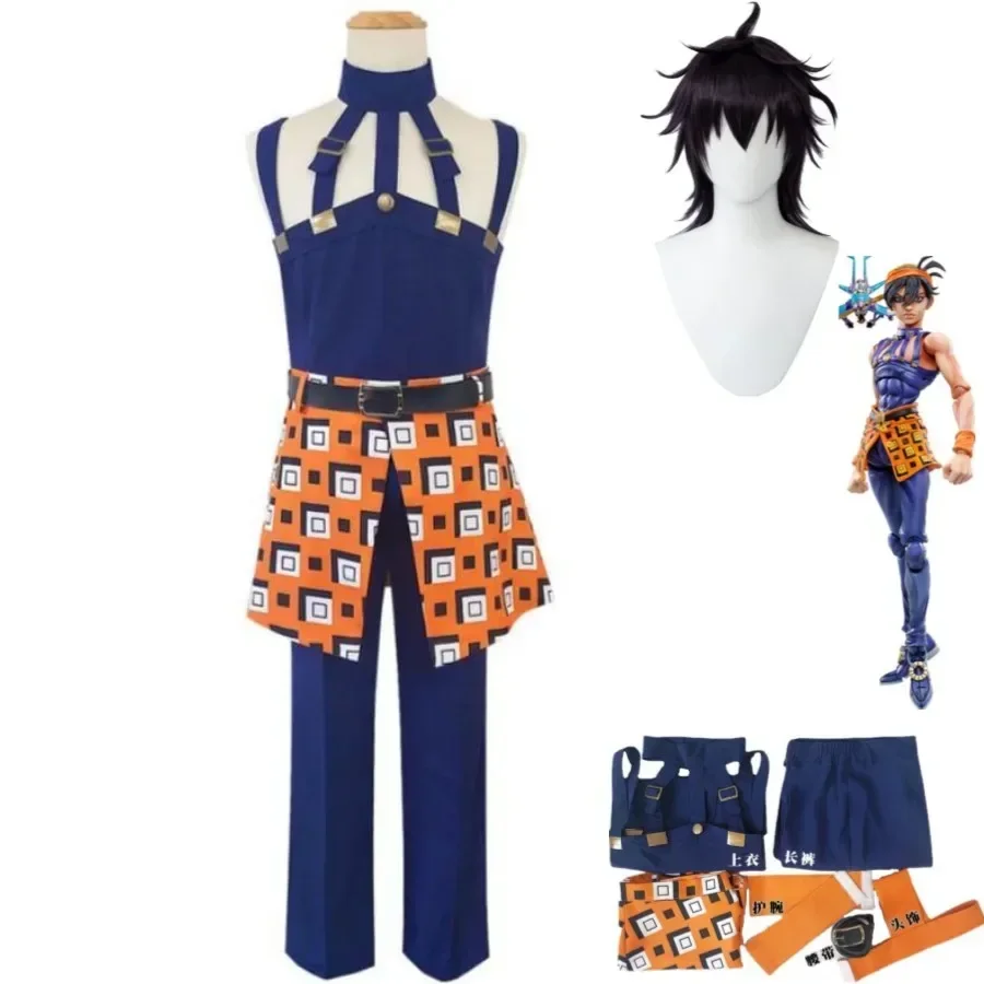 

Anime JOJO's Bizarre Adventure Golden Wind Narancia Ghirga Cosplay Costume Wig Blue Printing Uniform Man Woman Halloween Suit