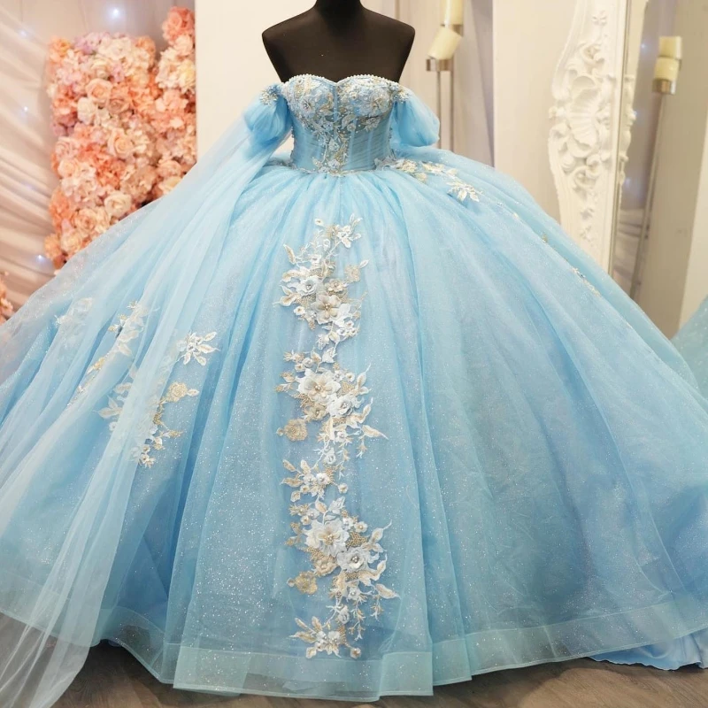 

Mexico Sky Blue Off The Shoulder Ball Gown Quinceanera Dresses For Girls Beaded Appliques Flower Party Gowns Pleats Sweet 16 15