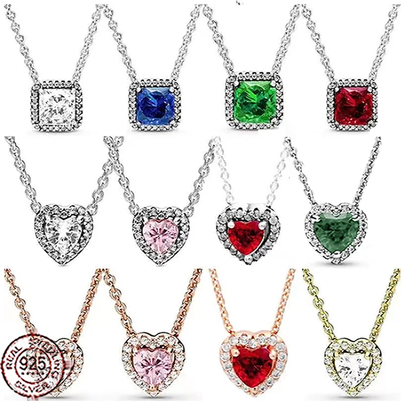 

2024 New925 Sterling Silver Exquisite Love Square Zircon Necklace fit Original Female Charm Jewelry birthday Gift
