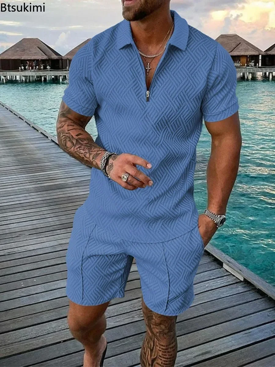 Men's Polo Suit sports set shirt set shirt and shorts set solid color suit Fashion Men Sets Solid Summer V-neck Zipper Short Sleeve POLO Shirt+Shorts Two Pieces Men Casual Suit New 2025
