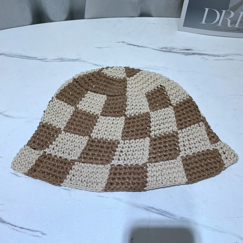 Women Knitted Lattice Fisherman Hat Handmade Crochet Color Matching Basin Hat Spring and Autumn Knitted Sunscreen Sun Hat prada bucket hat womens Bucket Hats