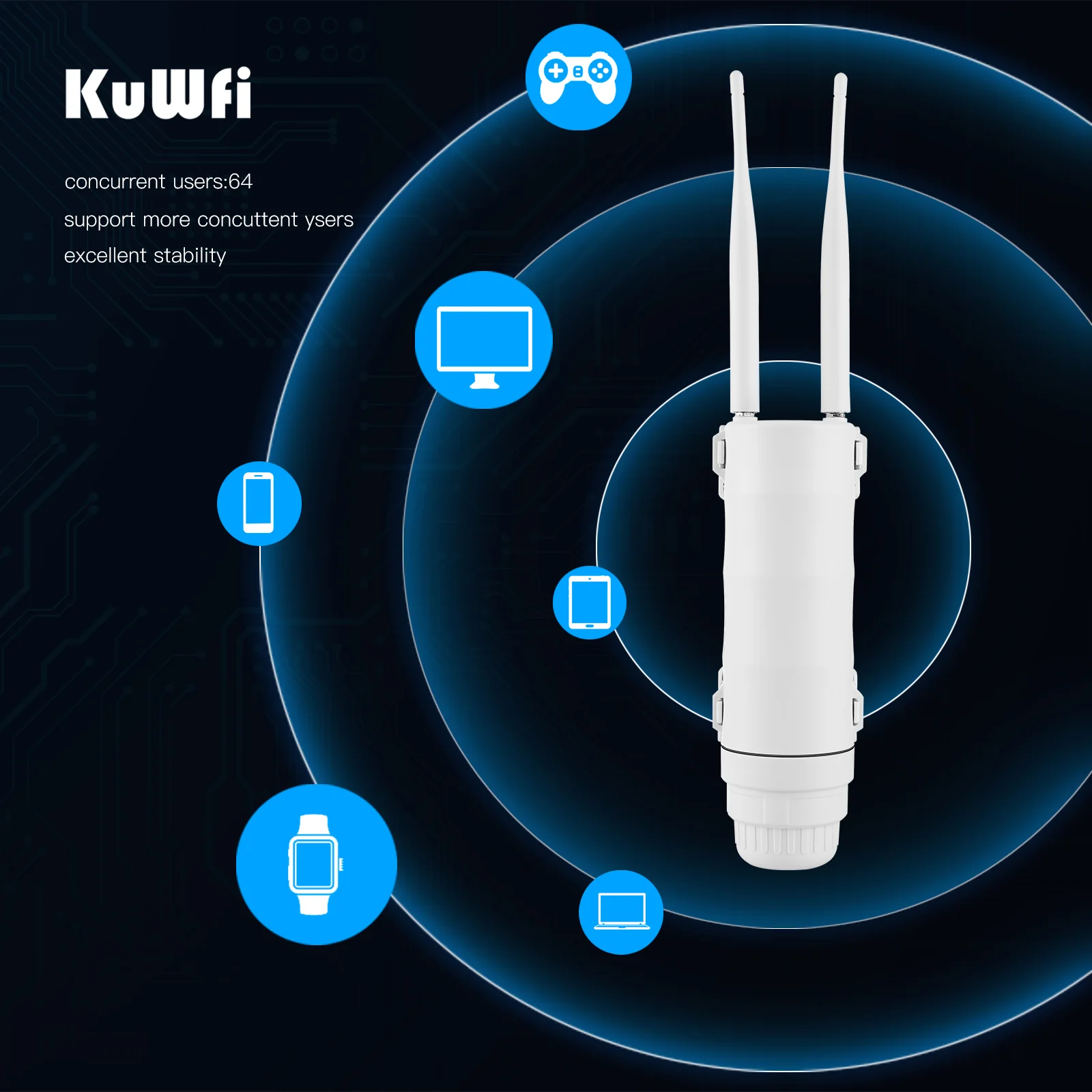 KuWfi-enrutador inalámbrico 4G LTE para exteriores, módem de antena de alta velocidad con ranura para tarjeta SIM, resistente al agua, 150Mbps, compatible con 64 usuarios