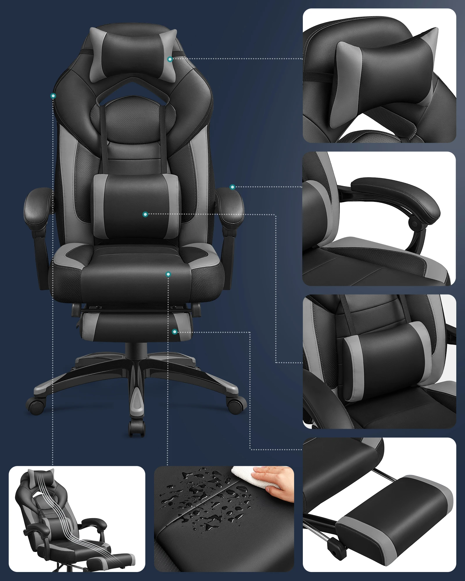 SONGMICS Ergonomic Gaming Chair Office Chair with Telescopic