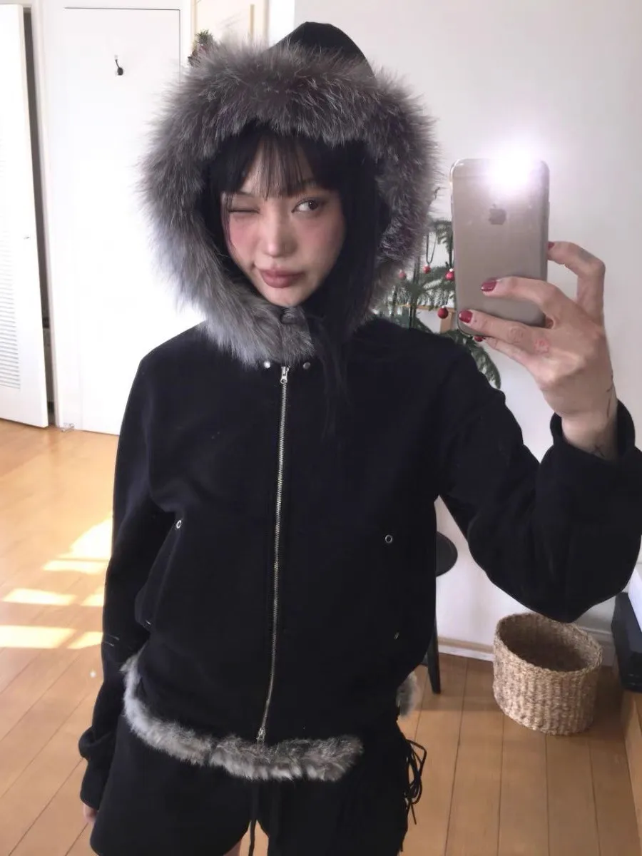 Karrram Japanischer Y2k Dünner Pelzmantel Damen Vintage Koreanischer Stil Schwarze Kapuzenjacke Grunge Ästhetik Pelzkragen Reißverschluss-Mantel 00er Jahre – Detail 4