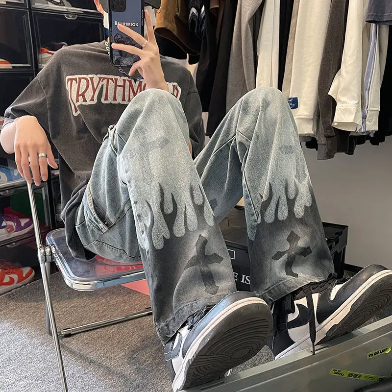 High street hip hop flame cross splash ink jeans European and American design casual trousers korean women pants  y2k pants american street cross print hip hop jeans women s pants autumn and winter high waist design loose straight wide leg pants