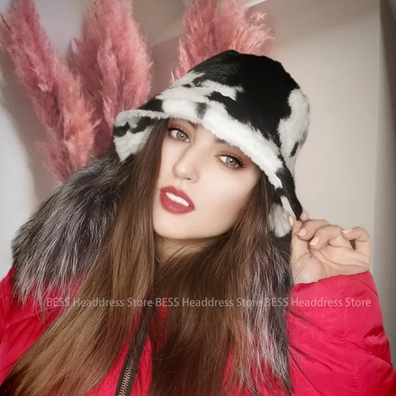 Dames bucket hat van imitatiebont luipaard winter warme muts_voghion.com