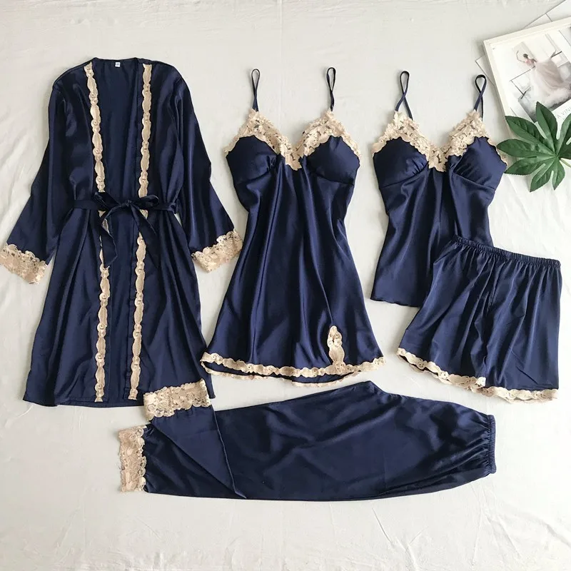 

5 Pieces Pajamas Set Women Kimono Gown Satin Silk Sleepwear Casual Nightwear Intimate Lingerie With Lace Sexy Bathrobe Pyjamas