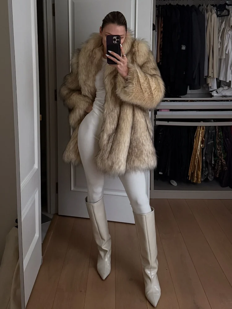 2025 Winter Fashion Burgundy Lapel Fluffy Fur Coat Women Casual Long Sleeve Faux Fur Plush Jackets Female Commute Streetwear New 4