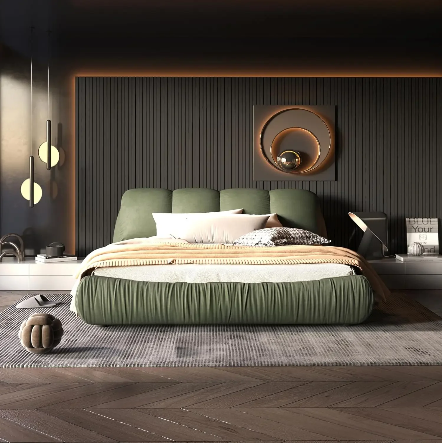 Luxury Queen Size Upholstered Platform Bed with Oversized Padded Backrest,Thickening Pinewooden Slats and Metal Leg,Green 3
