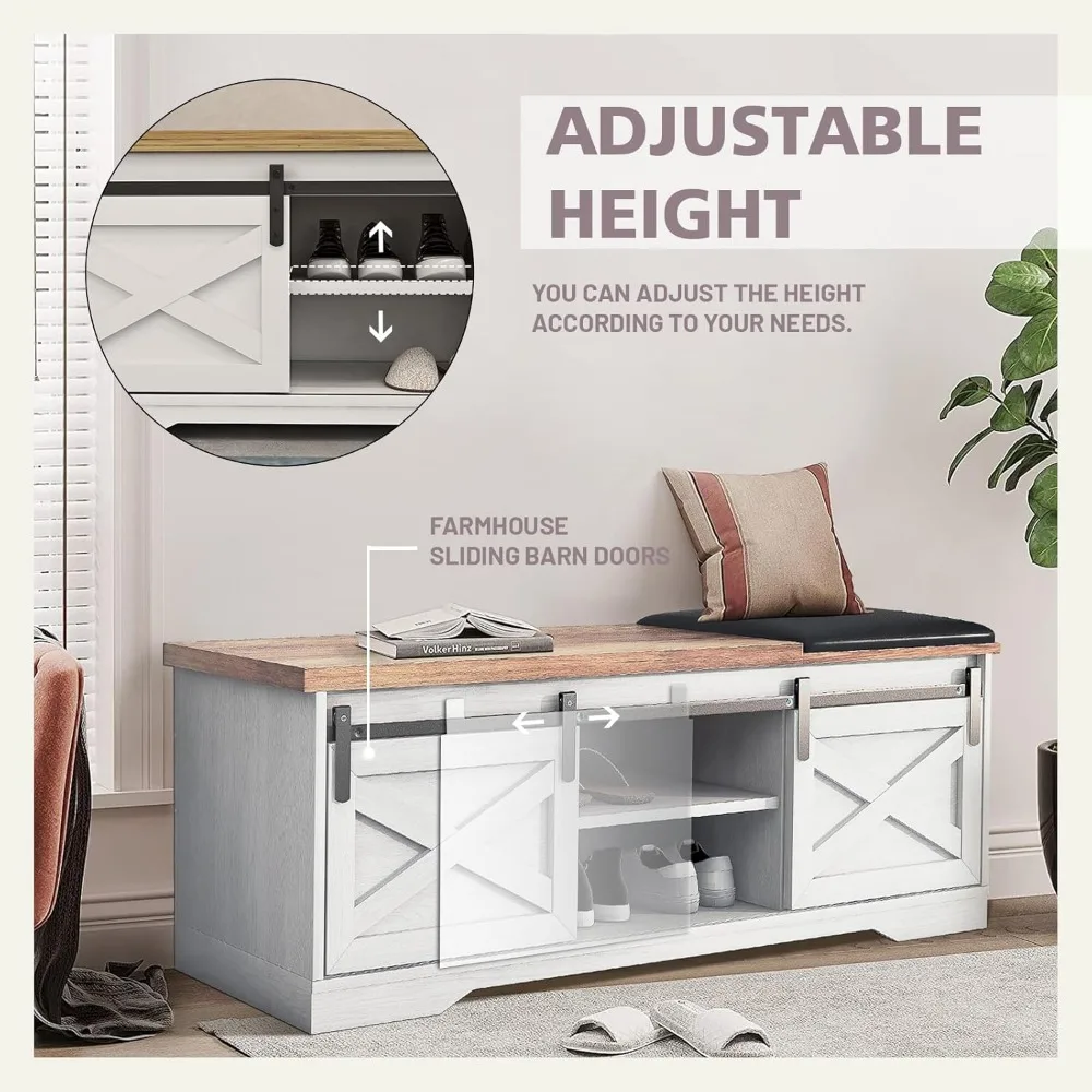 47 Inch Shoe Cabinet, Modern White Shoes Bench with Double Sliding Barn Door & Thickened, Shoe Cabinet 4