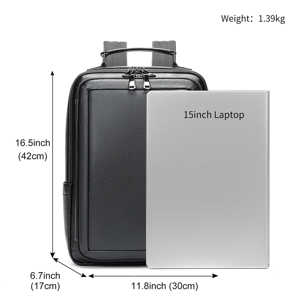 Men's Leather Backpacks for 15inch Laptop Black Large Capacity Daypack with Handle Casual School Bag for Teenager 2290