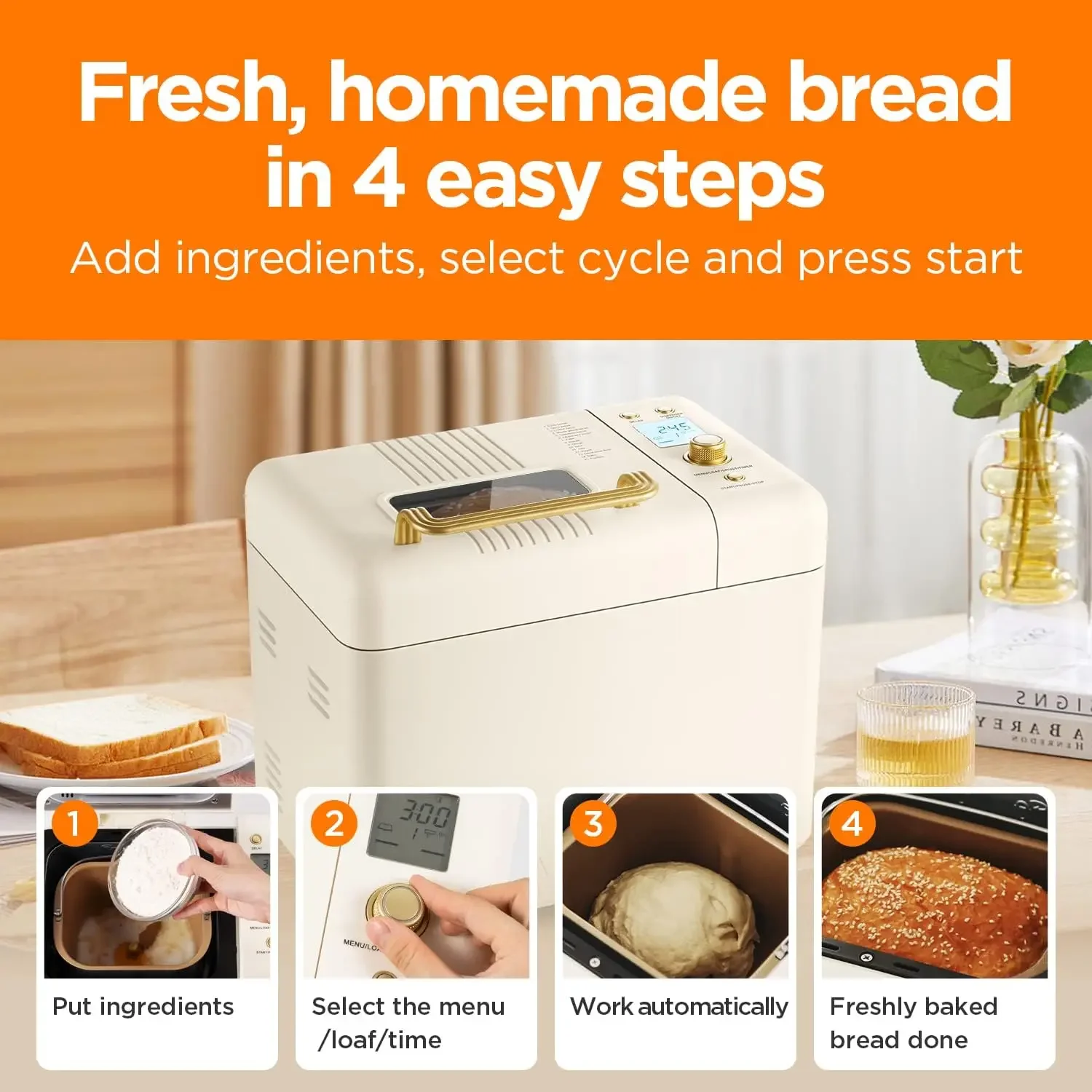 Bread Maker, [2.2LB Max & 15-in-1] Compact Size Bread Maker Machine Metal Material & Auto Nut Dispenser Bread Machine wi 4