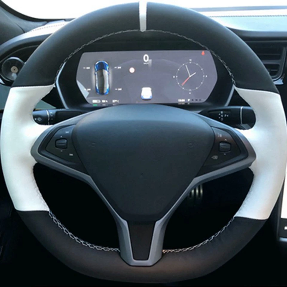 Auto Lenkrad Abdeckung Schwarz Echtes Leder Wildleder Geflecht Für Tesla Model S 2009-2021 Modell X 2012-2021 Auto Zubehör – Detail 1