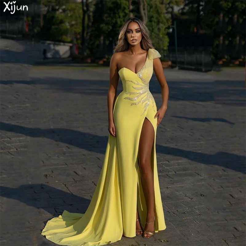 

Xijun Elegant Yellow Mermaid Prom Dresses Beading One Shoulder Evening Dress Sleeveless Pleated Party Gowns Vestidos De Gala