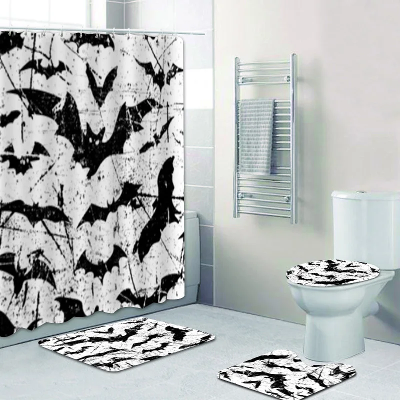 

Gothic Black and White Bat Halloween Shower Curtain Set for Bathroom Grunge Bat Silhouette Bath Mat Rug Toilet Accessories Decor