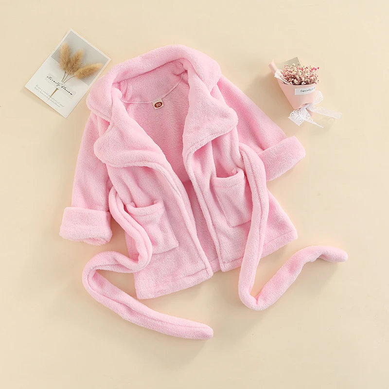 Toddler Baby Flannel Bathrobe Solid /Leopard Print Pocket Robe with Belt for Girls Boys Infant Towels Children Robe With Belt
