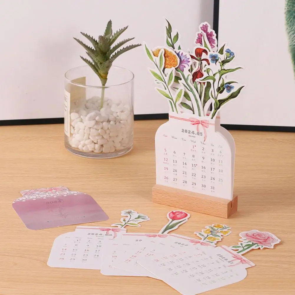 

2024 Bloomy Flowers Desk Calendar Wooden Calendar Card Type Flower Bronzing Decor Material Desk Calendar DIY Journal Stationery