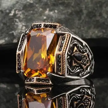 New Men's Turkish Handmade Jewelry Citrine Punk Party Ring