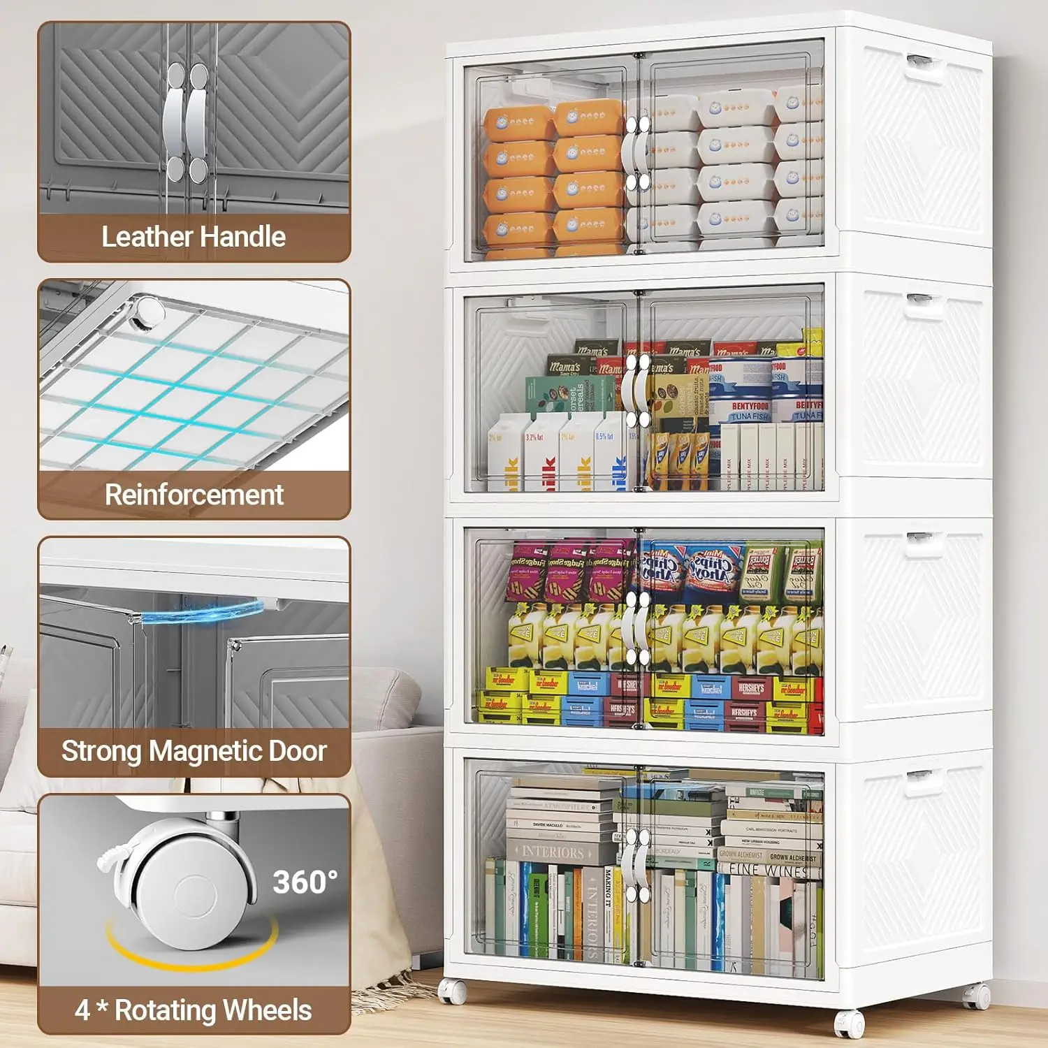 Stackable Storage Bins with Lid, 160Gal Closet Organizers and Plastic Cabinets Shelves, Collapsible Drawers with PET Clear Doors