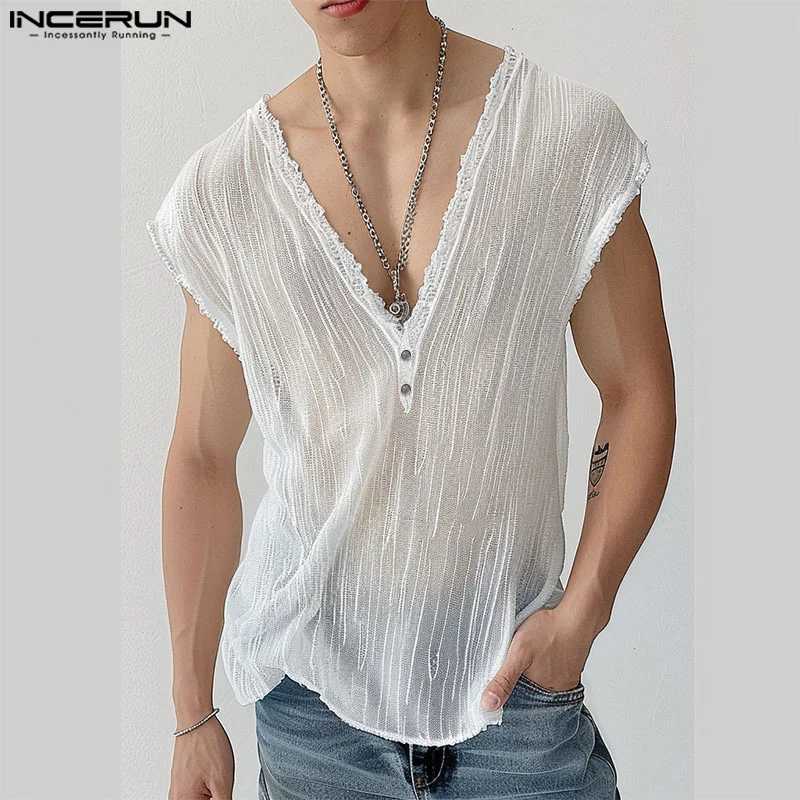 

INCERUN Tops 2024 Korean Style Men's Casual See-through V-neck Vests Stylish Irregular Line Splicing Sleeveless Tank Tops S-5XL