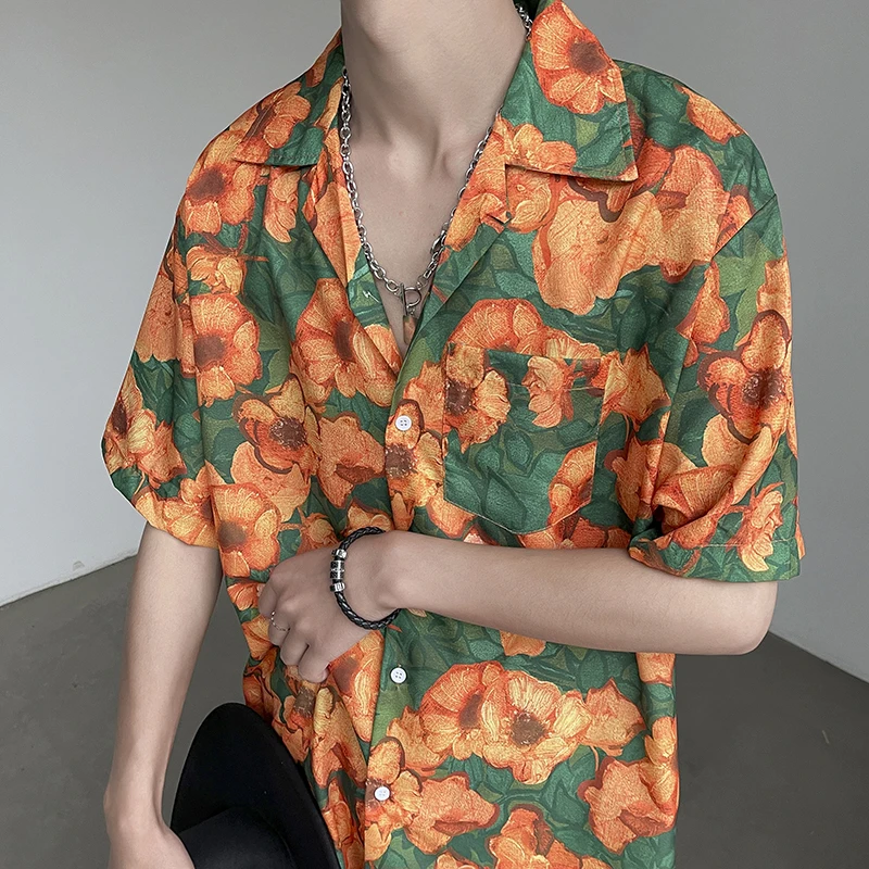 

2024 Streetwear Tops with Pocket Short Sleeves Floral Printed Shirts for Men Solid Blouses Lapel Collar Button Shirt A34