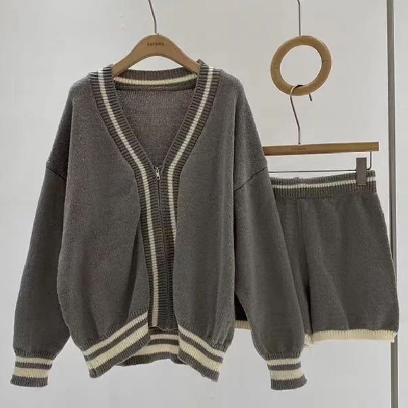 Women V Neck Long Sleeve Knitted Sweater Set