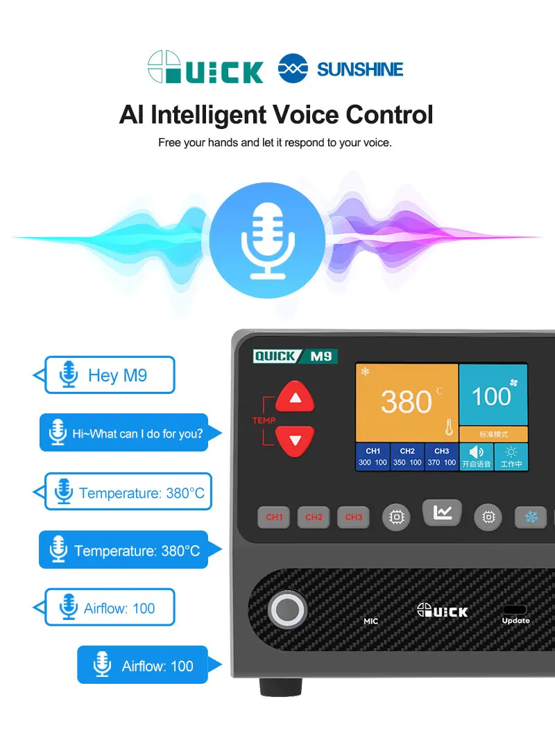 QUICK M9 지능형 디솔더링 스테이션 1300W 9채널 지능형 디솔더링 결합 수리용 지능형 Ai 음성 제어