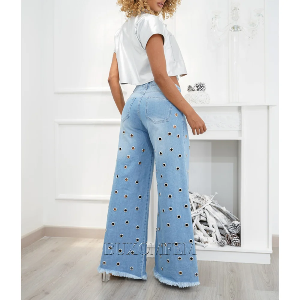 2024 Women's Wide Leg Pants Unique New High Waist Slim Fashion Jean Women's Light Blue Holes Stylish & Comfortable Denim Pants